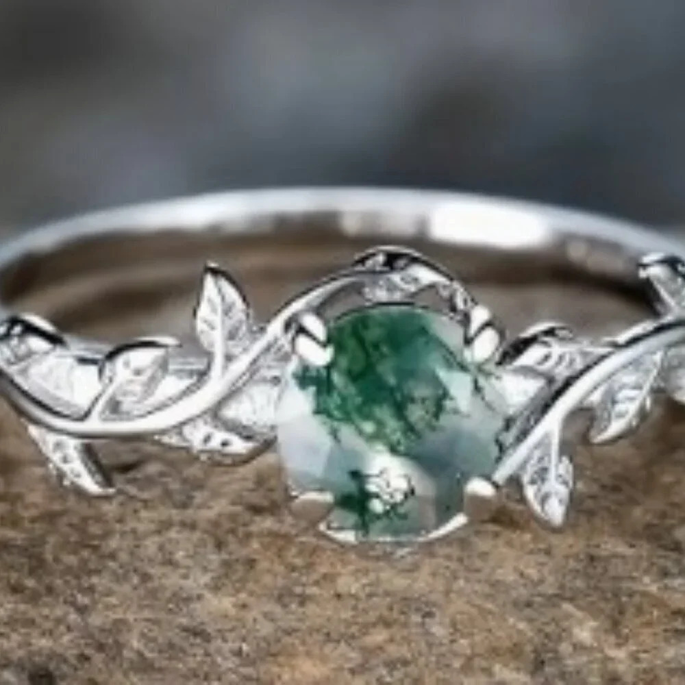 Round Water Grass Agate Ring - 925 Sterling Silver, Hypoallergenic Women size 8